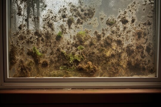 The presence of black mold fungus on the windowsill indicates a issue with moisture. This is likely caused by condensation forming on the window.