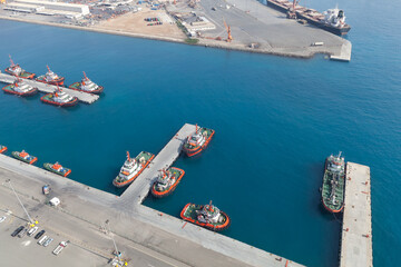 Fleet of tug boats of Jeddah Islamic Seaport, aerial photo