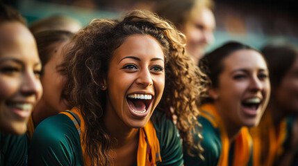 Female Football sports supporters in action with diverse group of enthusiastic women, donning their...