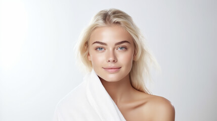 Beautiful young blonde woman portrait wearing only a white towel © Keitma