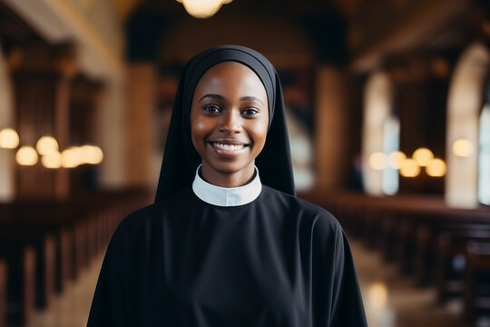Portrait of a black african catholic nun in church background