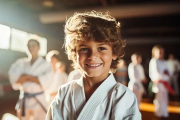 Zelfklevend Fotobehang Happy European boy at Judo or Karate training lesson looking at camera © Keitma