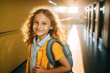 Happy smiling caucasian girl in the school corridor on her first day of school of the year looking at camera