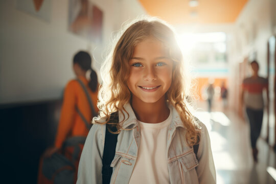 Happy smiling caucasian girl in the school corridor on her first day of school of the year looking at camera