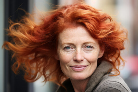 Portrait of mature senior lady with redhead hair