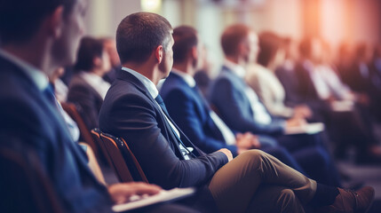 Symposium on business and entrepreneurship with conference room or seminar meeting room in business event full of businessmen listening