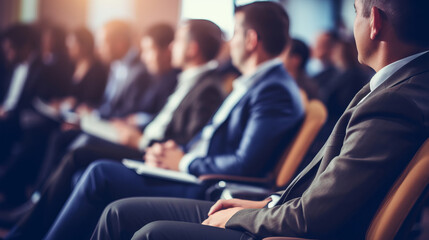 Symposium on business and entrepreneurship with conference room or seminar meeting room in business event full of businessmen listening