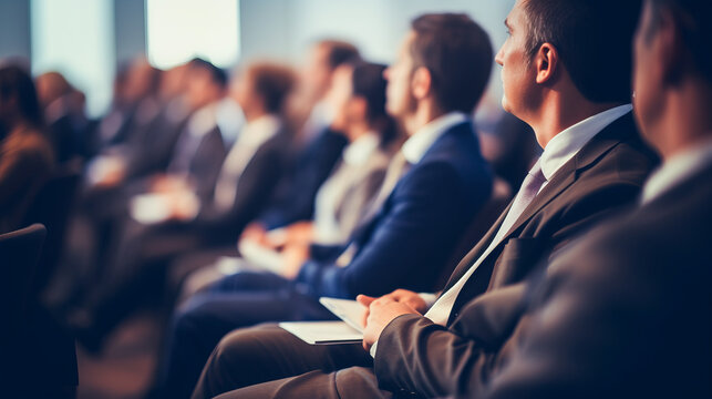 Symposium on business and entrepreneurship with conference room or seminar meeting room in business event full of businessmen listening