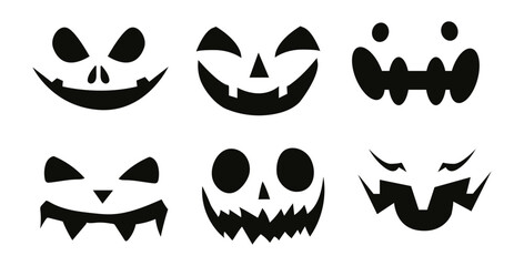 Pumpkins. Faces of pumpkins, Set of faces of patterns for pumpkins. Halloween, holiday. Autumn, season. Boo! Silhouette, black shadow. Frightening, shadow theater. Template for cutting