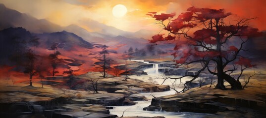 Abstract autumn nature landscape panoramic painting background. Generative AI technology.
