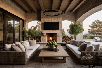 Fototapeta premium A high end outdoor lounge area characterized by a spacious stone fireplace, a television set, a carpet, and a comfortable beige couch, perfect for unwinding and enjoying the outdoors.