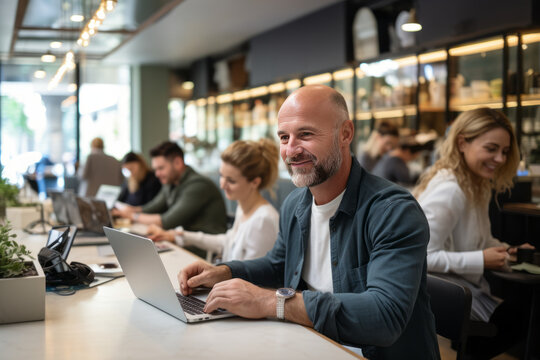 Man using a laptop at a cafe. Generative AI.