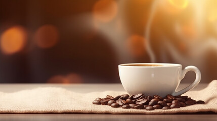 A cup of hot coffee with coffee beans on the table
