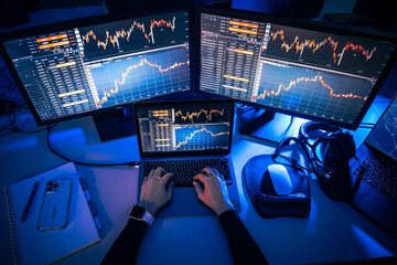 Money stock market display. Trader at work during night.