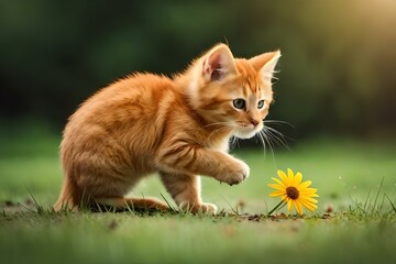 Naklejka na ściany i meble Adorable little kitten with a sunflower