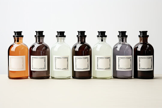 Glass cosmetic bottles on a white background.