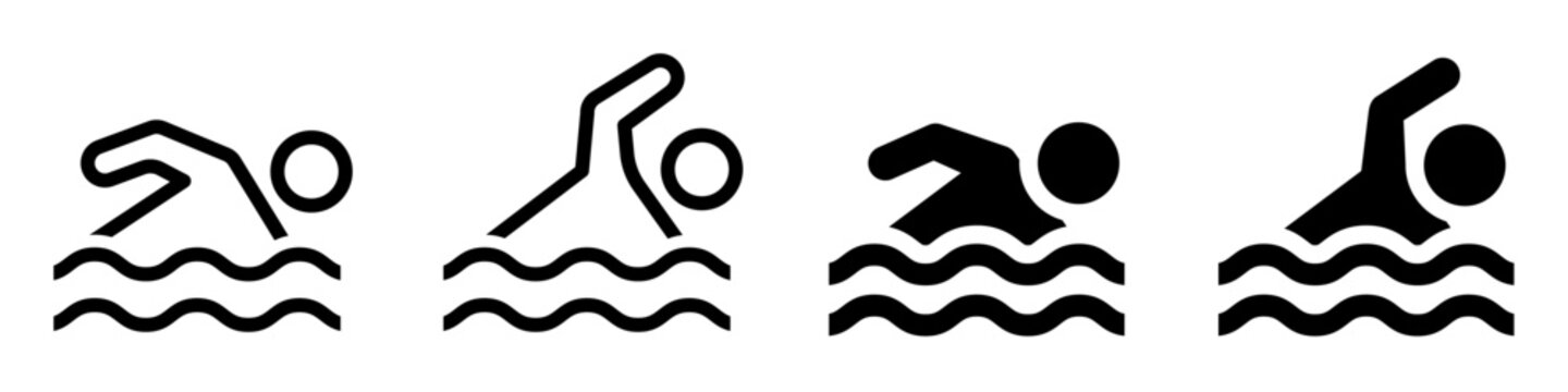 Swimmer sign icons set. Swimming on water with waves symbol collection. Swimming icon line and flat style - stock vector.