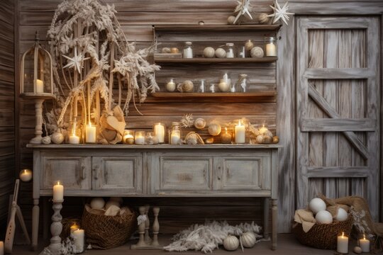 Cozy residence with a vintage wooden backdrop adorned in white Christmas decorations. The rustic cafe offers cinnamon sticks and dried citrus, beautifully displayed on a shelf.