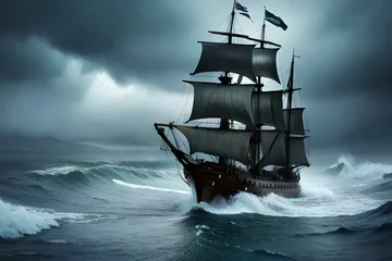 Fototapete Schiff A tense scene of an ancient ship fighting a sea storm - AI generative
