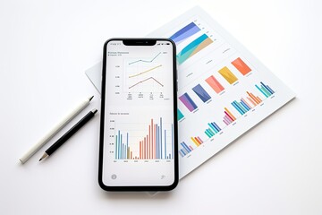 Phone with analytical financial charts on the screen and posters with pens on a white background