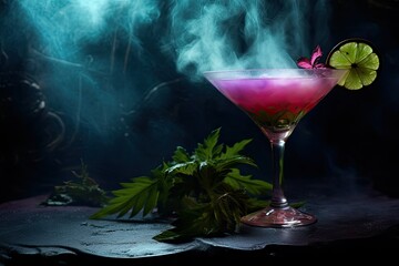 Mysterious purple halloween cocktail in a martini glass with mystical fog and plants in the background.