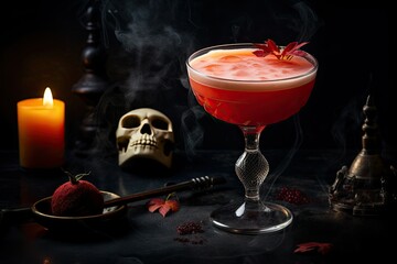 Mysterious orange Halloween cocktail in a glass with a skull and burning candles in the background.