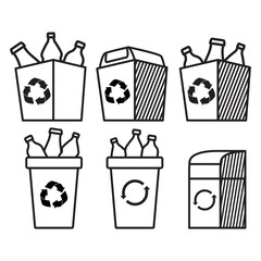Plastic bottles in trash bin.Rubbish bin for recycling icon.Garbage container for plastic trash.Domestic litter environment pollution.Outline vector illustration.Isolated on white background.
