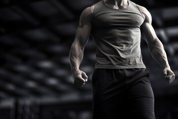 Fototapeta na wymiar Muscular athletic man on a dark gym background.