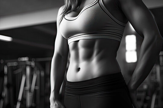 Close-up of the body of a muscular fitness girl in the gym in black and white.