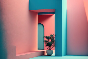 Abstract colorful interior with plants and minimalistic decorations. Vivid colored architectural background. Generated AI.