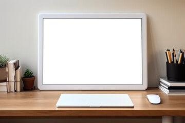 White stylish computer monitor on a table with a blank white screen to place advertising text.