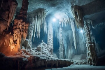 An otherworldly cave with shimmering stalactites illustration. 
