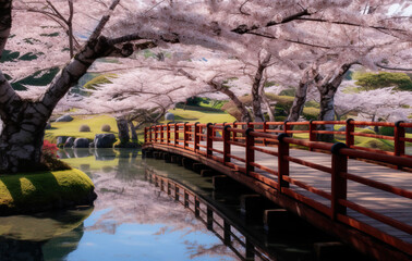 Fototapeta na wymiar bridge over the lake under the cherry blossoms created with Generative AI technology