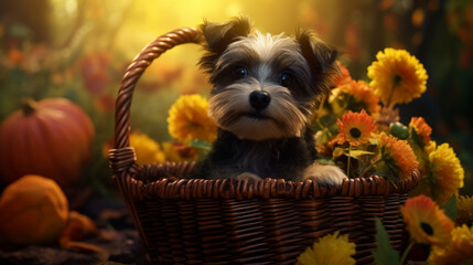 yorkshire terrier puppy in basket