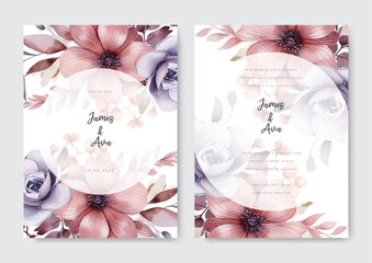 Wedding invitation template with purple rose and peony flower set. Floral decoration flyers postcards vintage style vector illustration design