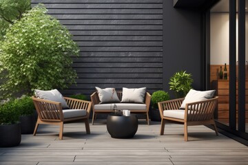 An image displaying a contemporary garden furniture set arranged on a verandah - obrazy, fototapety, plakaty