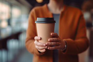 hand holding a blank to go coffee cup coffee shop, template illustration.