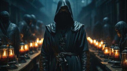 A masked man in a black cloak standing in a dark alleyway. - obrazy, fototapety, plakaty