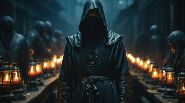 A masked man in a black cloak standing in a dark alleyway.
