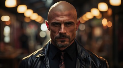 A man in his 30s with a shaved head and a goatee. He is wearing a black leather jacket.
