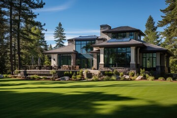 The exterior of a newly constructed, exquisite luxury home is adorned with a lush green lawn and nestled against a scenic forest, creating a picturesque view from a unique angle.