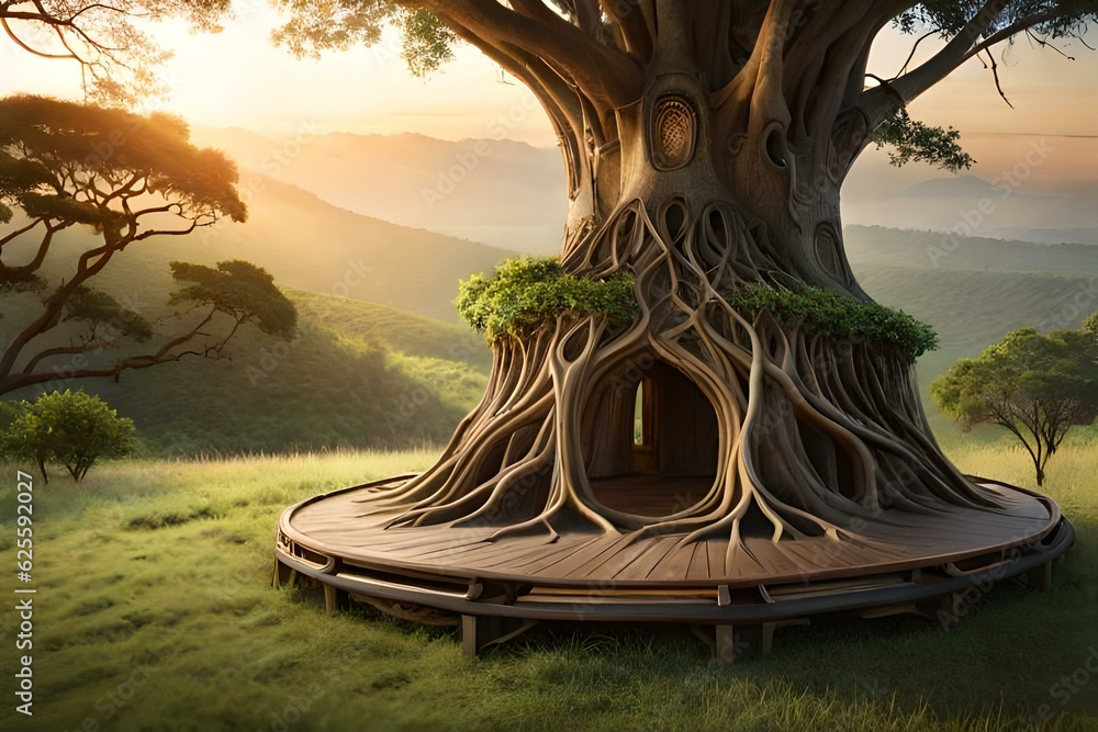 Poster a treehouse carved in the stump of a banyan tree - ai generative