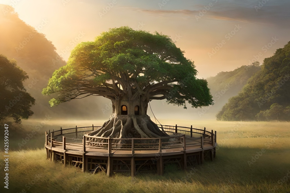 Poster a treehouse carved in the stump of a banyan tree - ai generative