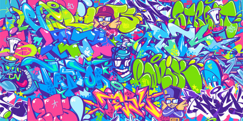 Seamless Colorful Modern Abstract Urban Style Hiphop Graffiti Street Art Pattern. Vector Illustration Background Template - obrazy, fototapety, plakaty