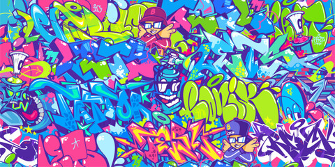 Seamless Colorful Modern Abstract Urban Style Hiphop Graffiti Street Art Pattern. Vector Illustration Background Template