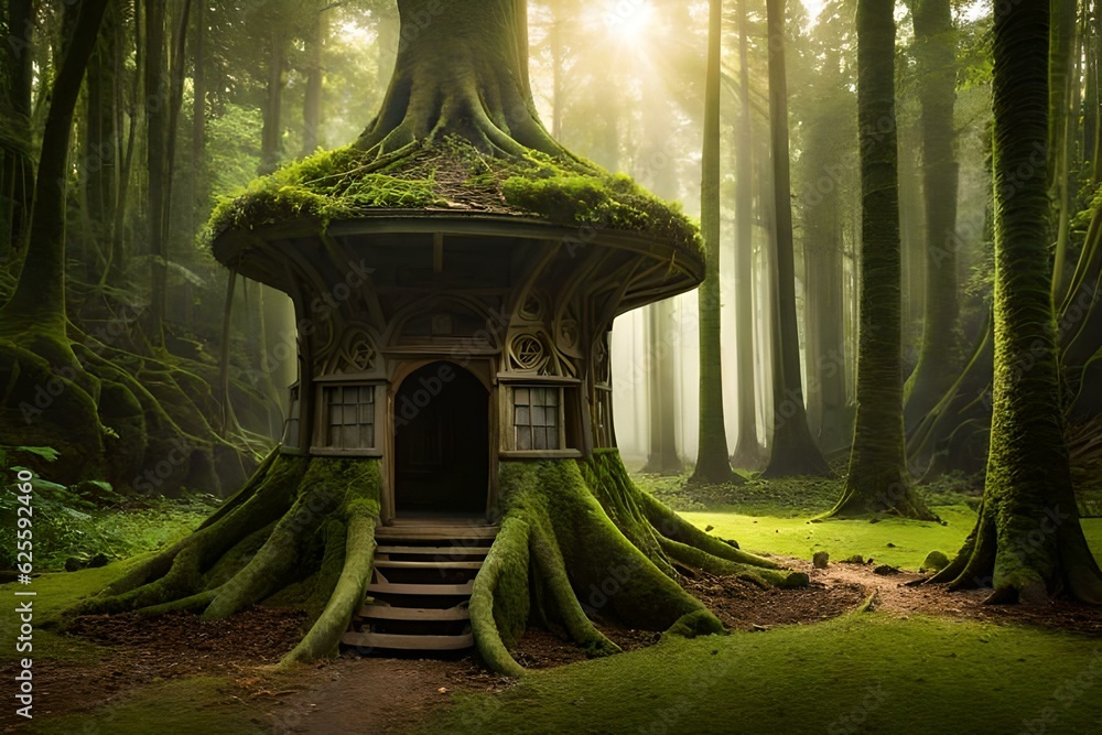 Poster a treehouse carved in the stump of a banyan tree - ai generative