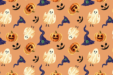 Pattern, halloween, ghosts and pumpkins, witch hat. Autumn seamless pattern, background. Holiday. Halloween, Design elements for logo, badges, banners, labels, posters, postcards 