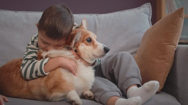 Slowmo of happy cute 6 year old Caucasian boy with down syndrome embracing his lovely corgi dog tenderly, sitting together on sofa in living room at daytime