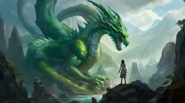 Emerald dragon man and young woman in the mountains fantasy world