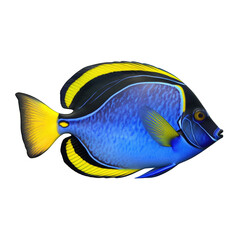 Naklejka premium Side view blue tang fish paracanthrus hepatus, blue black and yellow on cutout PNG transparent background. Generative AI